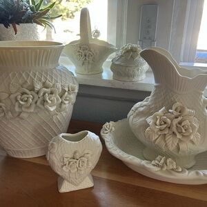 Ivory Ceramic Rose Relief Pitcher & Vase Set